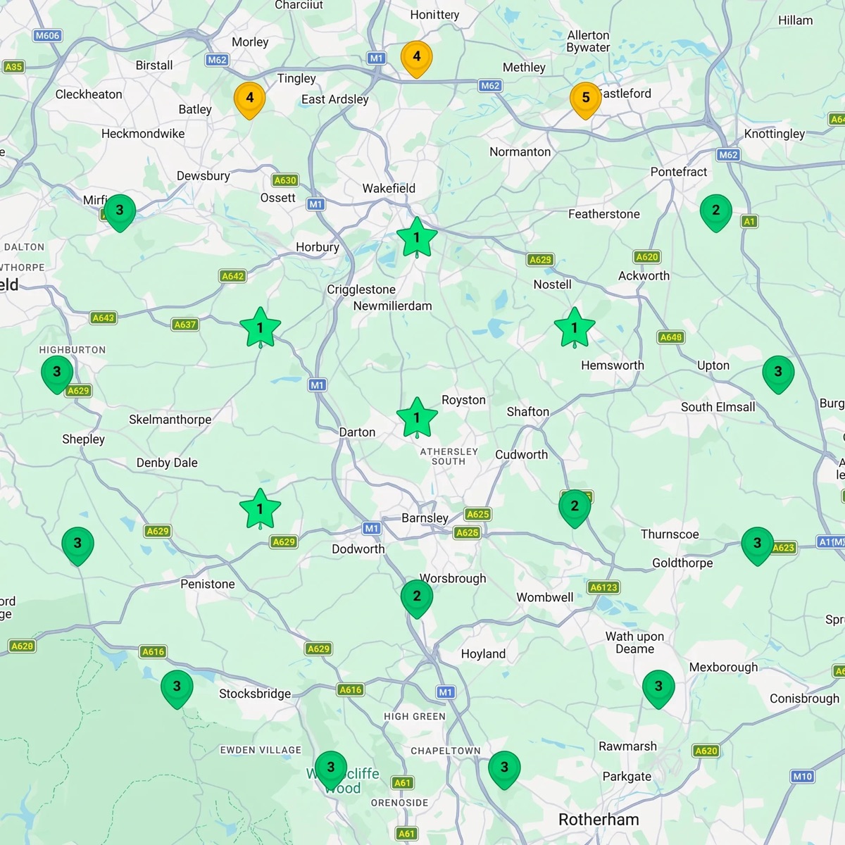 Google Maps rank scan across Wakefield and Barnsley: the business ranks 1st at 5 points and in the top 3 at 17 of 20 points